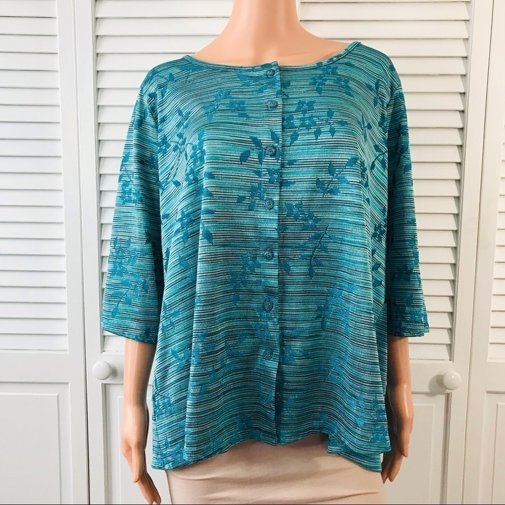 JONES NEW YORK Blue White Floral Button Down Short Sleeve Cardigan Size 2X